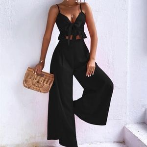 Boho Ruffle Front Tie Crop Cami Top Wide Leg Palazzo Pants Set Black